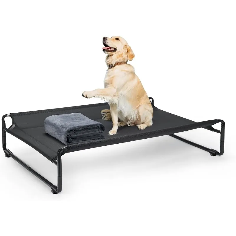 Large Elevated Dog Bed with Flannel Dog Blanket, Outdoor Guardrail Raised Pet Cot for Large Dogs