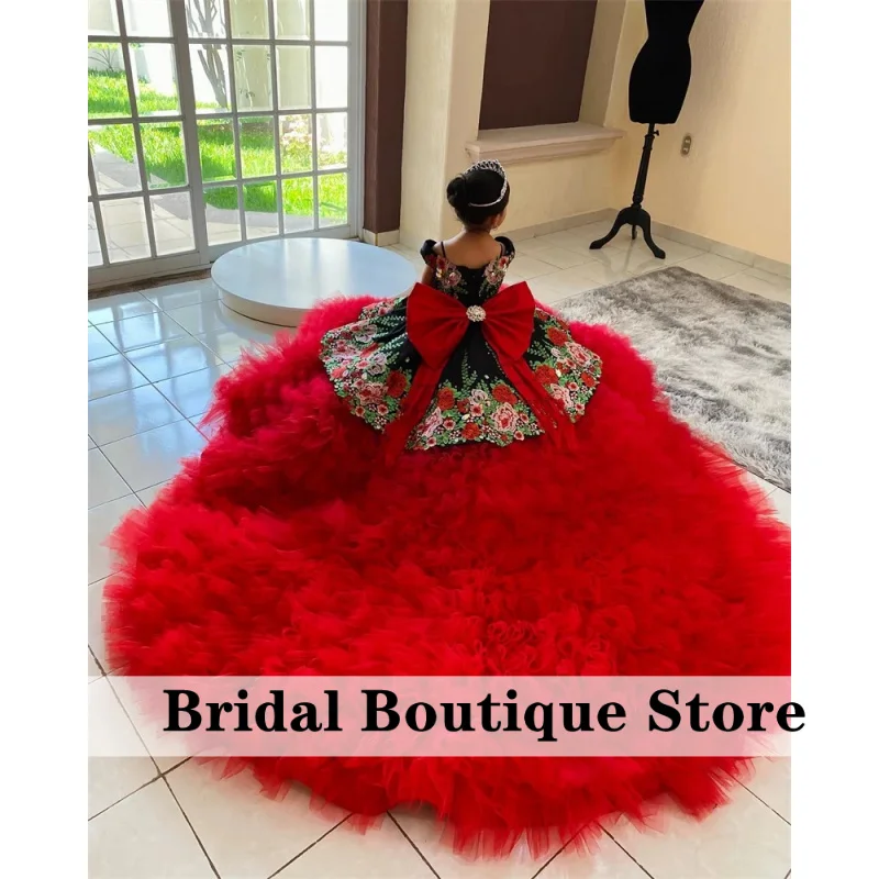 جديد 2024 فستان بناتي على شكل زهرة حمراء 2024 بدون أكتاف ثوب حفلة لعيد الميلاد مزين بالكريستال والخرز حفلة عيد ميلاد الطفل حسب الطلب #4