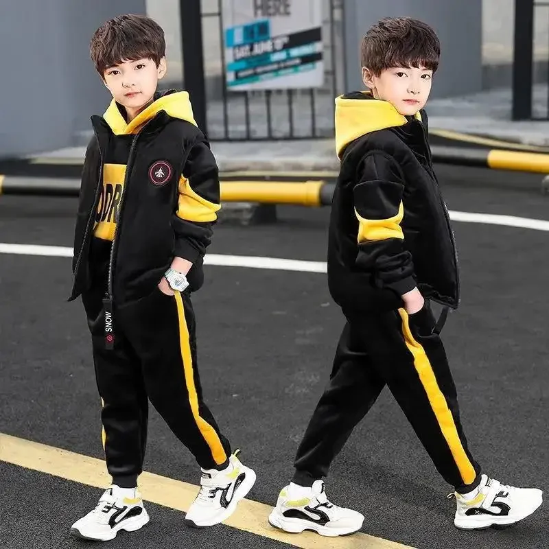 2024 winter Boys tracksuit Autumn Toddler Teenager Clothes vest velvet jacket + Sweatishrt hooded + Pant Children Kids 4 12 year