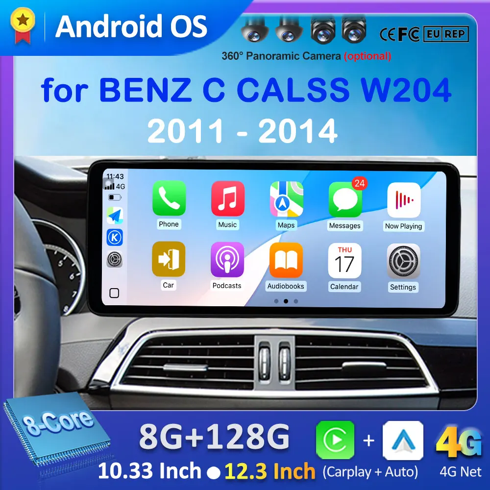 Wireless Carplay Car Multimedia Radio Player for BENZ C CALSS W204 2011 - 2014 Navi GPS BT Android 16 DSP 4G Ultra-thin Screen