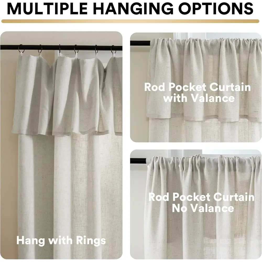 108 Semi-Sheer Linen Curtains with Valance, 2-Panel Set, 52x108, Light Filtering, Farmhouse Style, Pale Oak