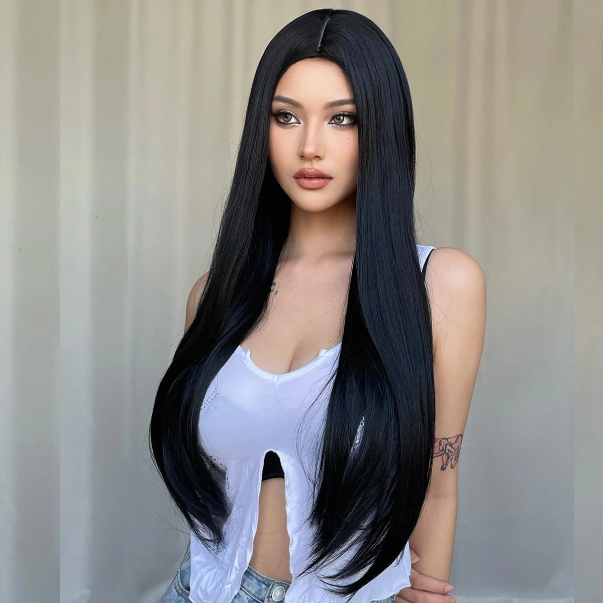 Long Straight Natural Black Synthetic Wigs Middle Part Black Cosplay Lolita Daily Wig for White Women Fake Hair Heat Resistant