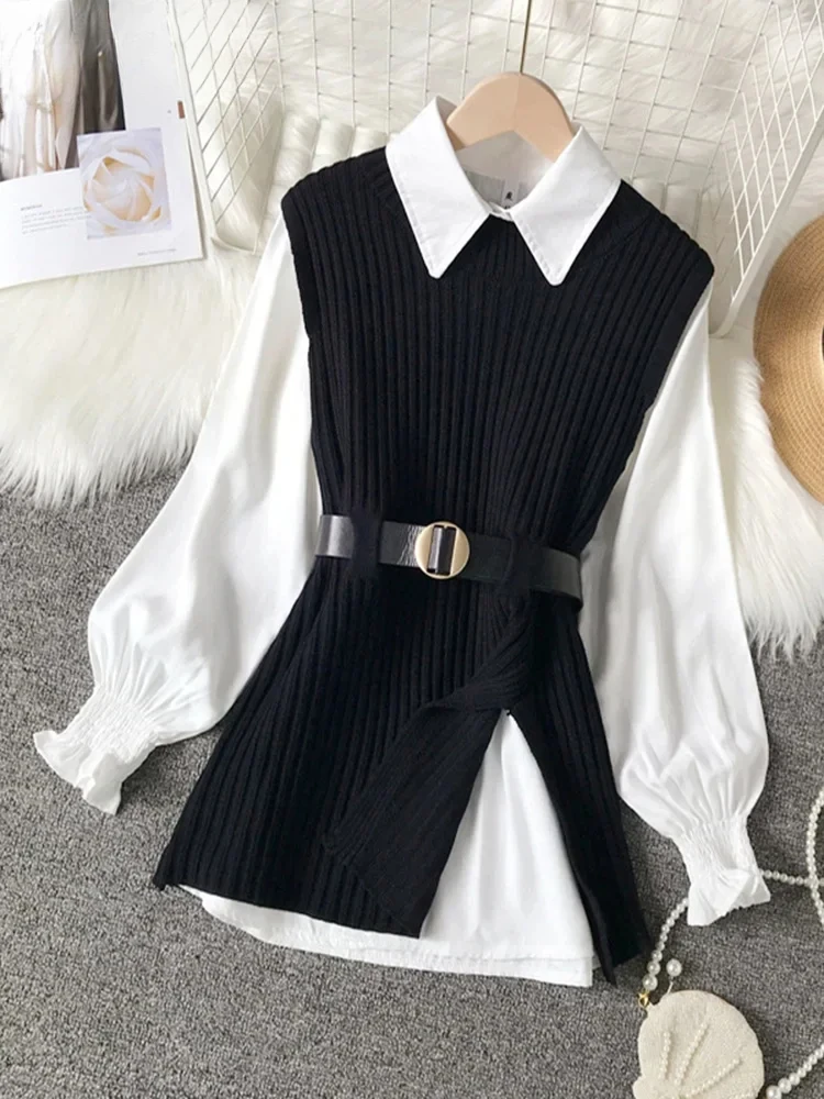 2024 New Autumn Fashion Chic Lace Up Waist Closing Knitting Vests + Lapel White Casual Long Sleeve Shirts Female SM1747