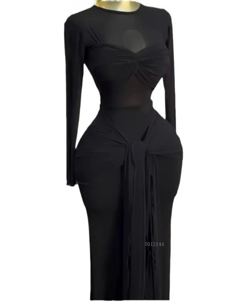 

Платье макси женское, сетчатое, с длинным рукавом, макси с бантом, длинное платье 2025 года, вечернее сексуальное клубное вечернее платье, уличные платья