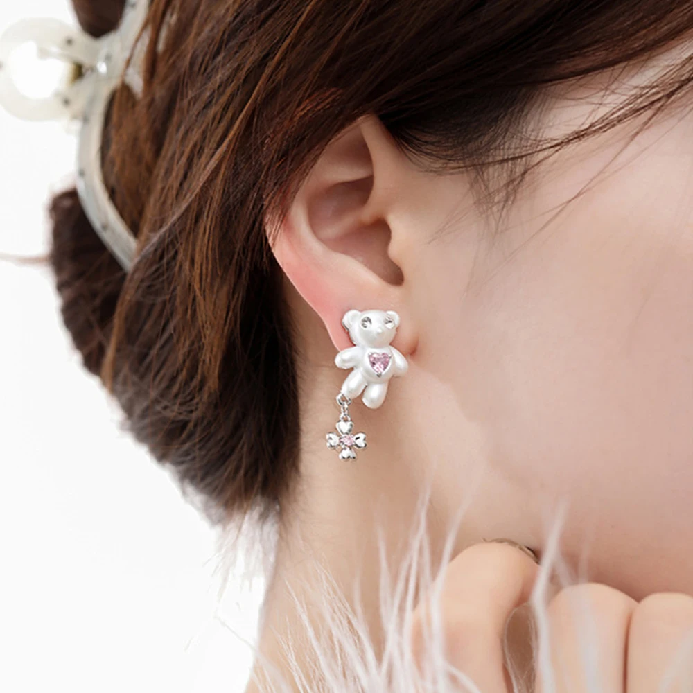 Eetit Stylish Zirconia Resin Flower Bear Drop Asymmetrical Earrings for Women Exclusive Design Sweet Cute Jewelry Gift