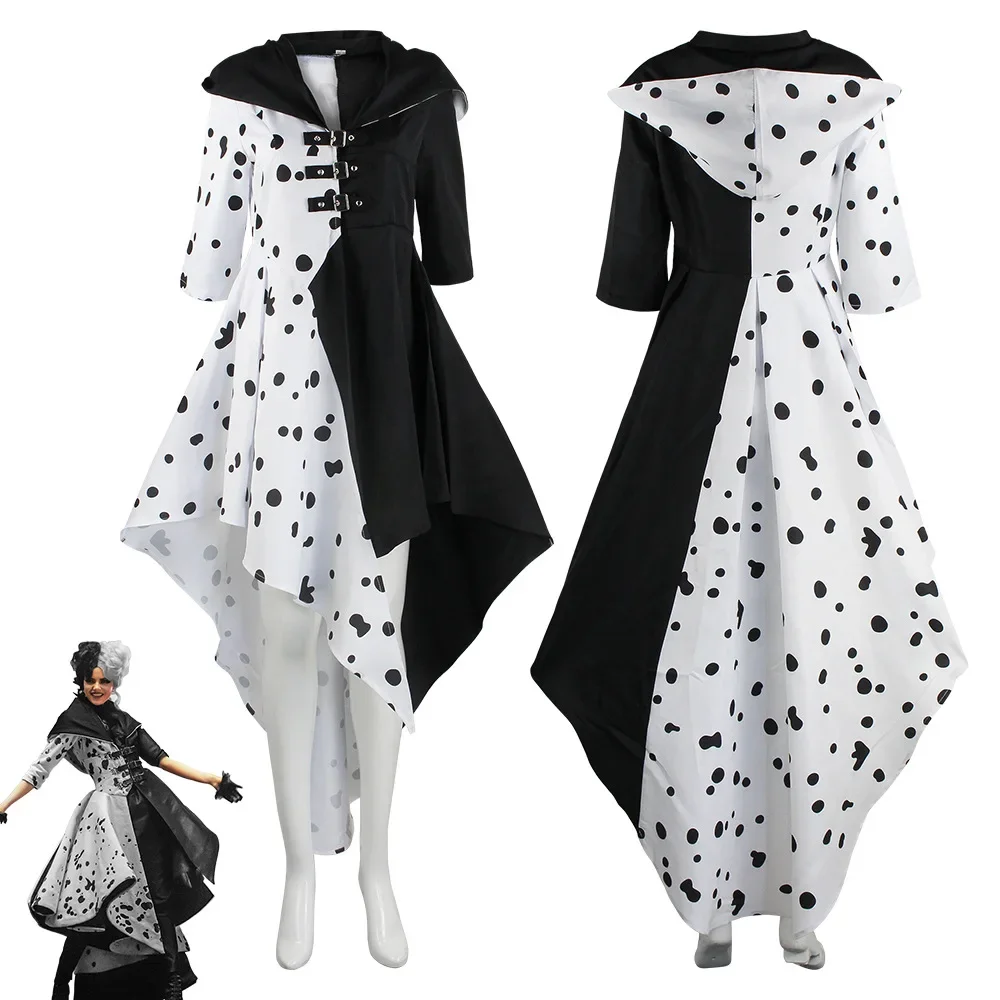 Disfraz De Anime Cruella, conjunto De vestido con guantes, capa, conjunto De Carnaval De Halloween, disfraz De Cruella De Vil para mujer adulta
