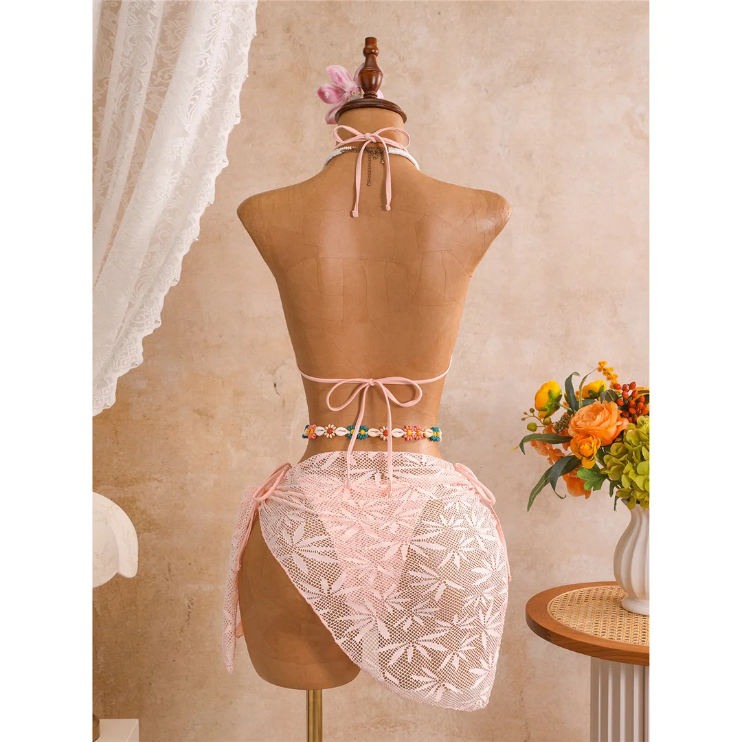 Mit Sarong-Blättern bedruckter Neckholder-Bikini, Damen-Badeanzug, dreiteiliges Bikini-Set, Badebekleidung, Badeanzug, Schwimmanzug V8367 – Detail 28