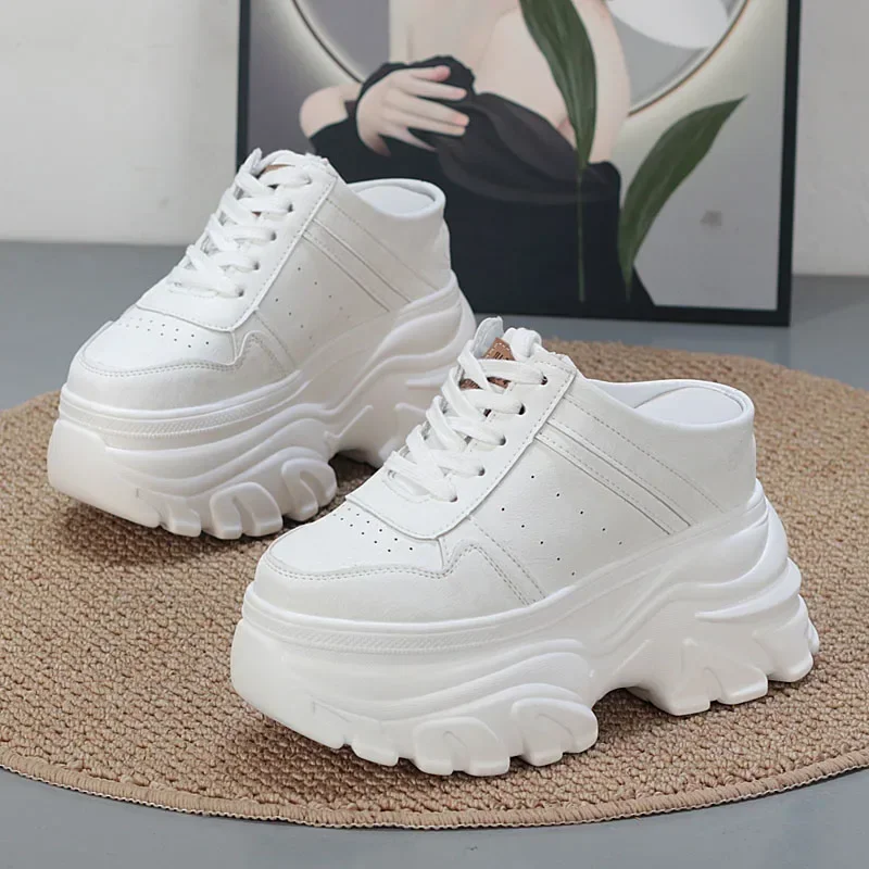 Women's 12CM Ultra High Heel Platform Sneakers with 10CM Hidden Elevator Chunky Sole Slip-On Mules Backless Slide Shoes