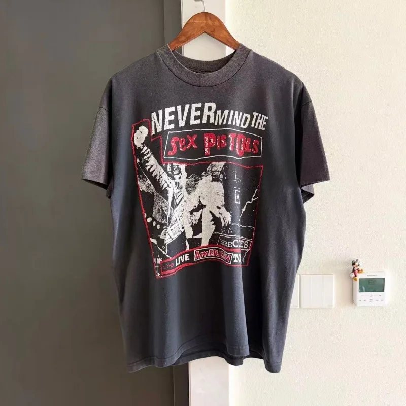 Retro Punk Style Oversized T-shirt Men Women Washed Cotton Short Sleeve Graphic Tops