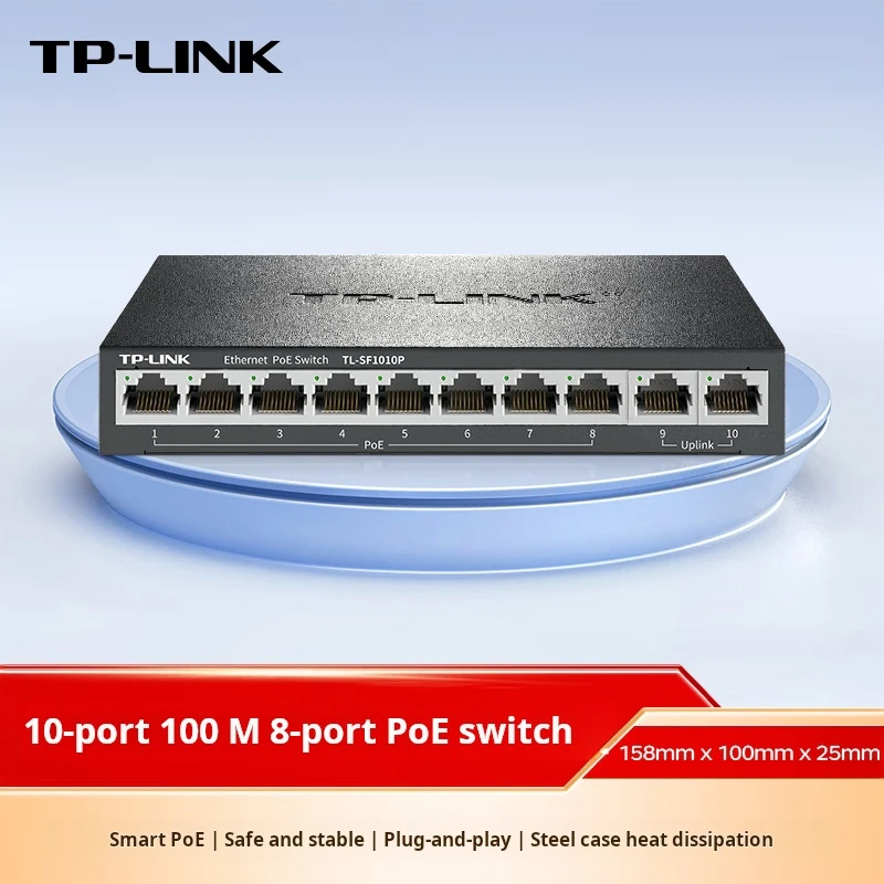 

TP-LINK 10 Port 100Mbps PoE Switch with 8 Port PoE @62W, 2*10/100 RJ45 Uplink Ports, 802.3af/at PoE , Plug & Play TL-SF1010P