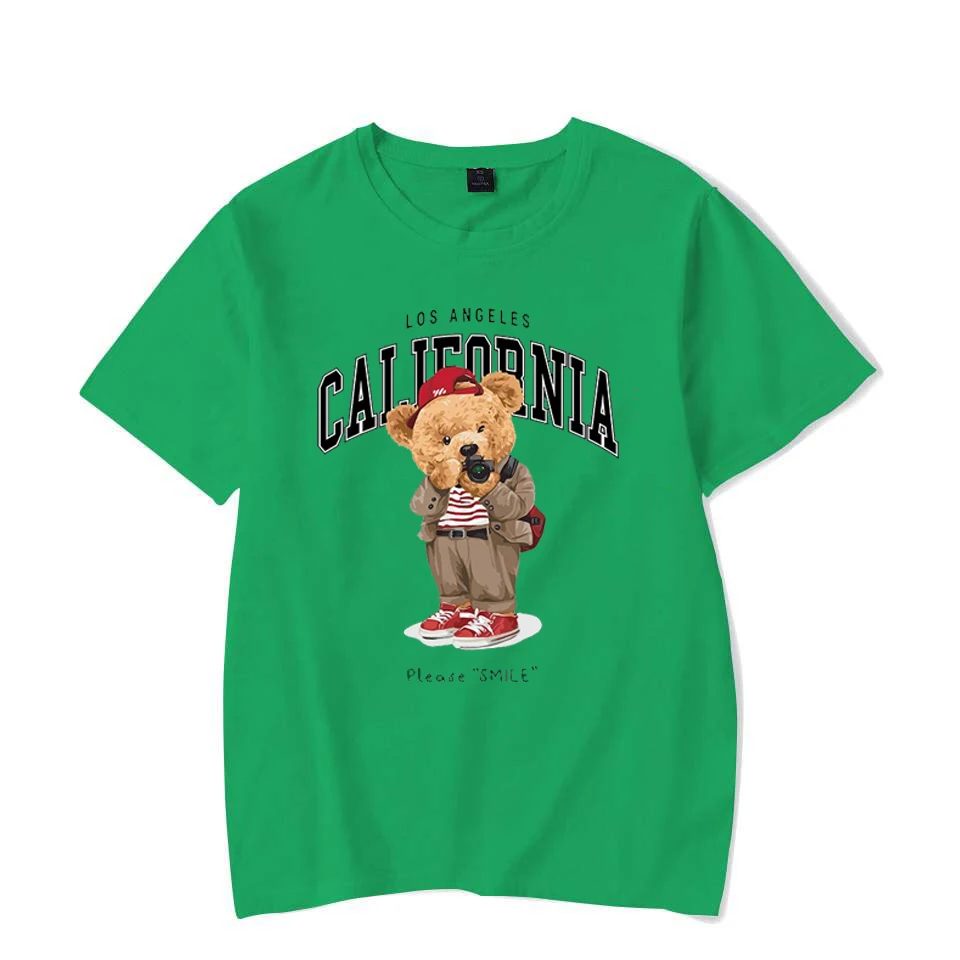 Fashion Women Travel Photographer Bear Print Breathable Tee Round Neck Classic Designed Unisex T-shirt Street Harajuku Clothing