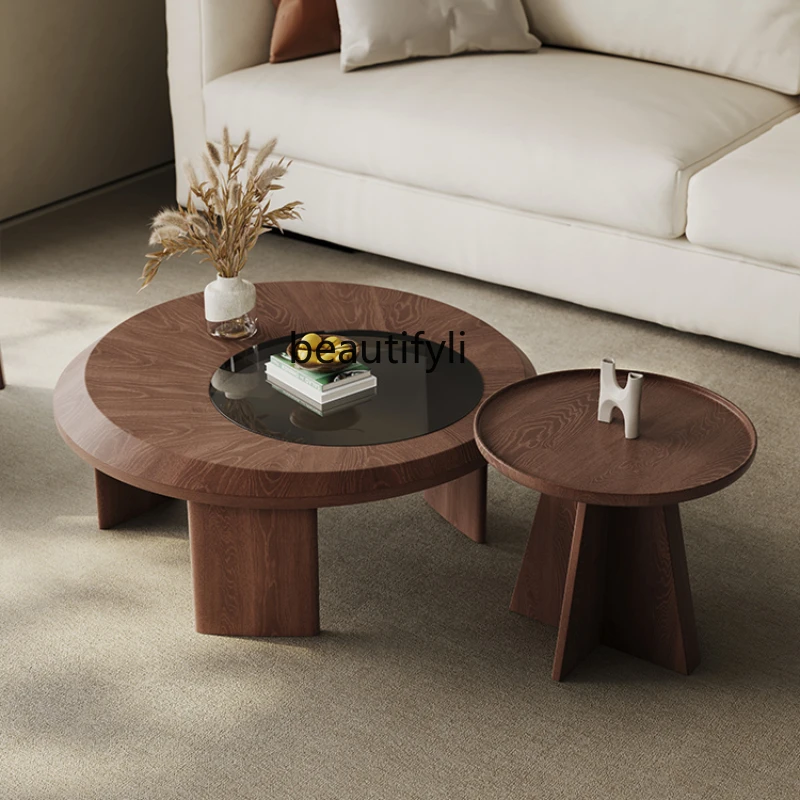 Modern Simple Coffee Table Combination Veneer of Juglans Regia Glass Size round Designer Modern Simple Storage Italian