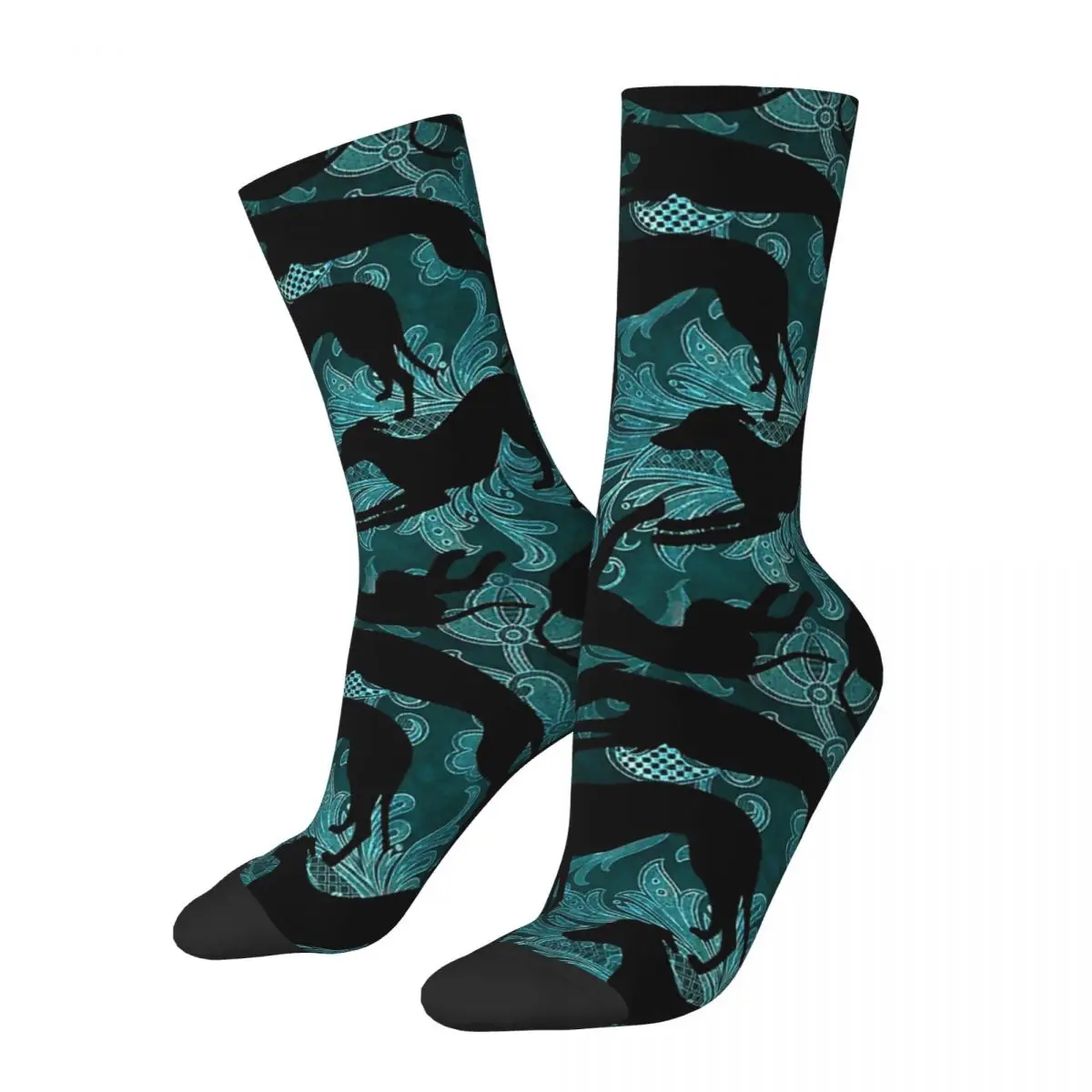 Cyan Damask Silhouetted Geryhound Greyhounds Dog Unisex Winter Socks Hip Hop Happy Socks Street Style Crazy Sock