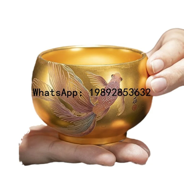 Handmade gilt real gold tea cup master tea cup ice sheep fat jade porcelain tea cup