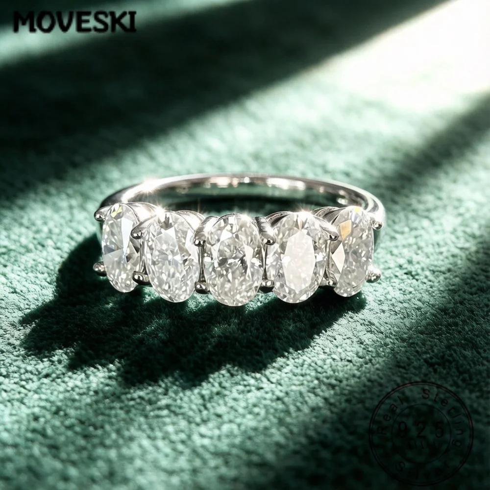 D Color VVS1 Oval Moissanite 5 Stone Ring 925 Sterling Silver Half Eternity Wedding Band Stacking Party Ring For Women