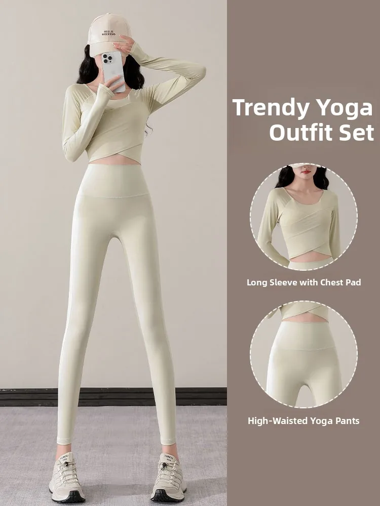 

Потрясающий спортивный комплект для йоги и фитнеса для женщин: леггинсы с высокой талией и длинным рукавом из нейлона и спандекса, комплект из двух предметов