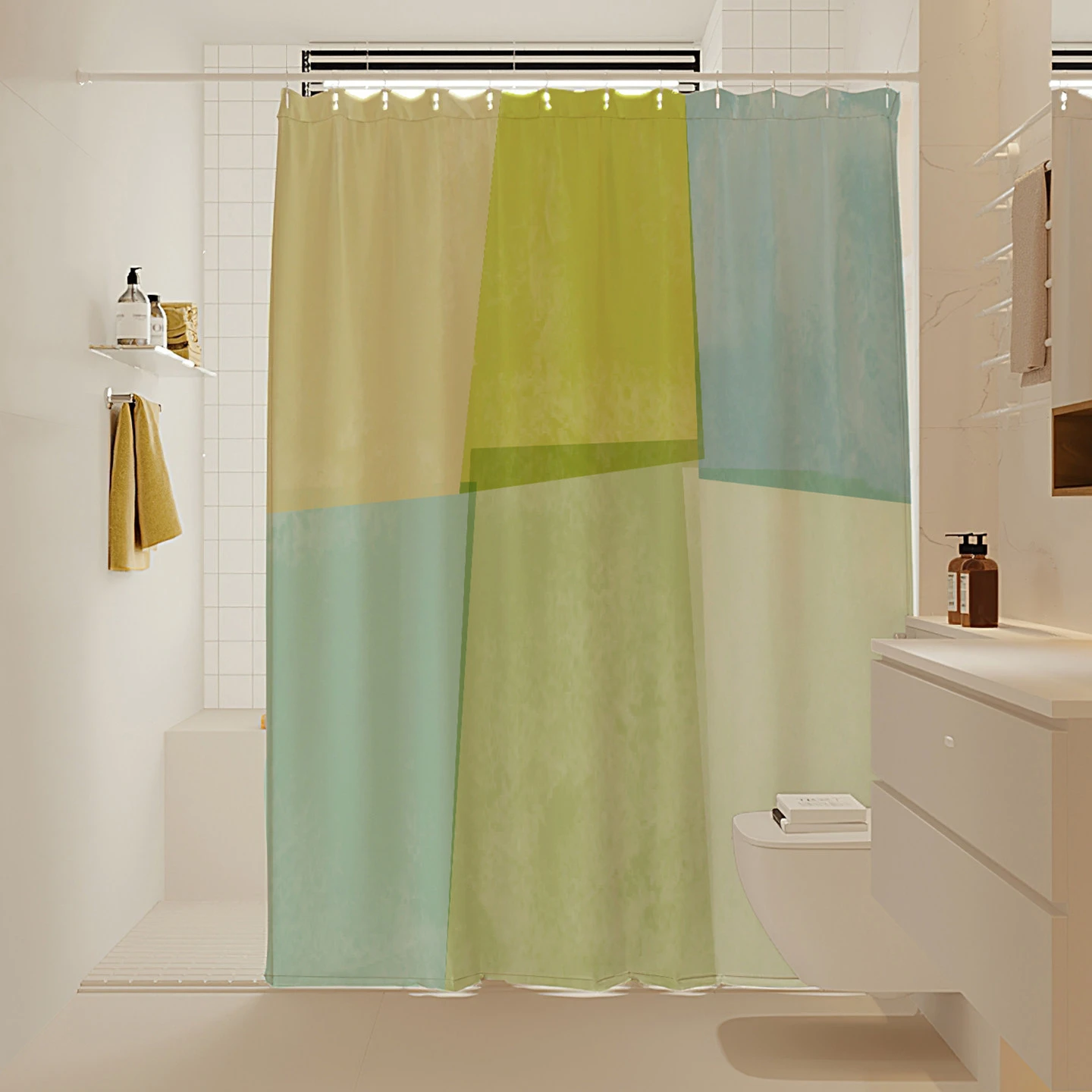 Green Blue Color Blocked Bathroom Curtain Waterproof Mildew proof Hanging Shower Blocking Curtain Partition Decoration
