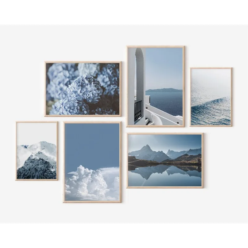 Mediterranean Coastal Art Prints Santorini Greece Southern Italy Photography Blue Hydrangea Minimalist Landscape Wall Decor Set