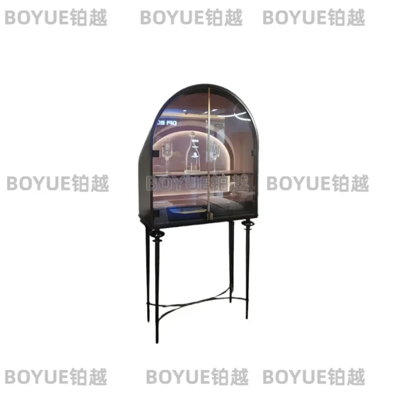 Solid Wood Arched Wine Cabinet with Glass Display High Foot Wall Mounted Storage Shelf Creative Lighting for Villa Home Decor