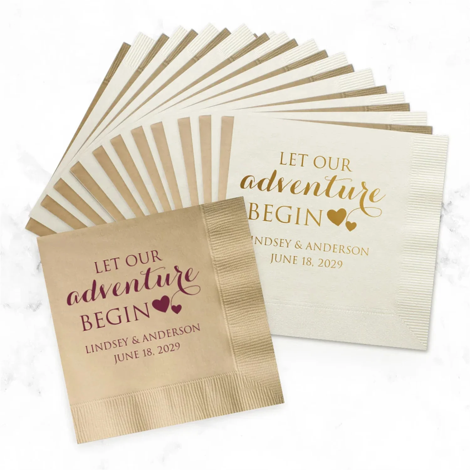 

50 PCS Pack of 100 Personalized Let Our Adventure Begin Cocktail Napkins Bride and Groom - Couples Names Napkins - B-MG3