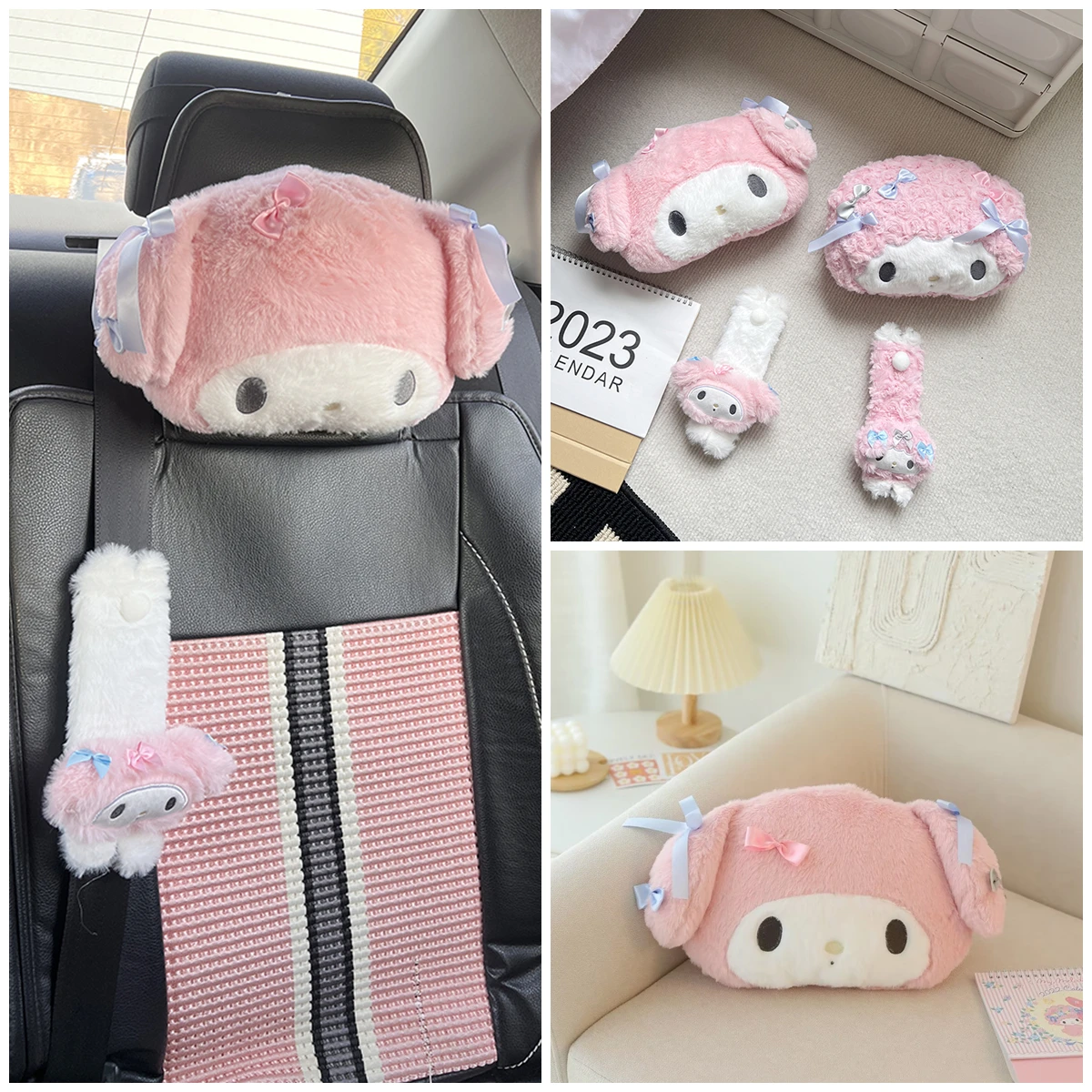 Sanrio Cute My Melody Headrest Seat Belt Cover For Car Seat Car Decoration Soft Cuddly Back Cushion Comfortable Pillow Xmas Gift