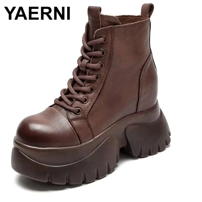 

2025 Новые женские ботильоны 7 см из натуральной кожи, осенние сапоги до колена на танкетке, толстая подошва, мотоциклетные высокие туфли до щиколотки в стиле панк