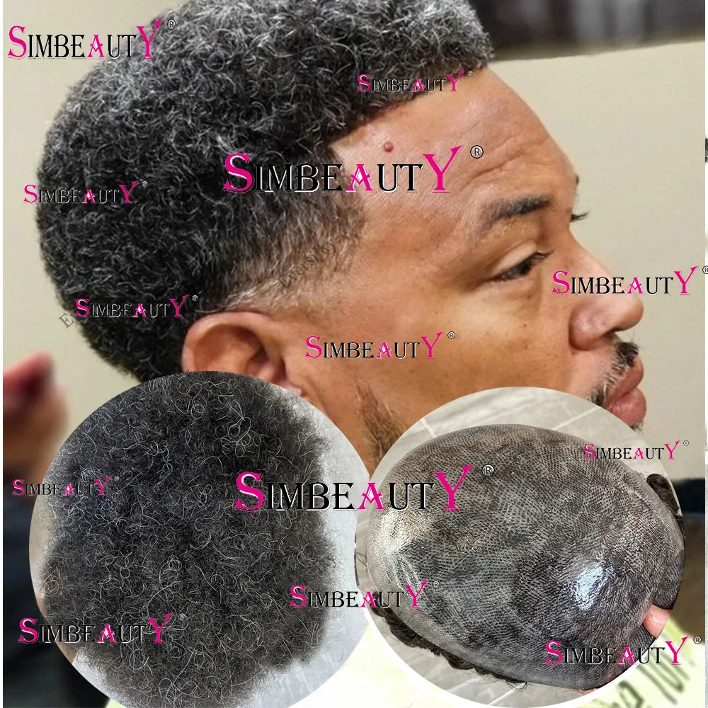 

Super Durable Skin 6mm Afro Curly Mens Toupee Black Man Weave Wig Grey Mixed Kinky Curly Male 100% Human Hair Prosthesis System