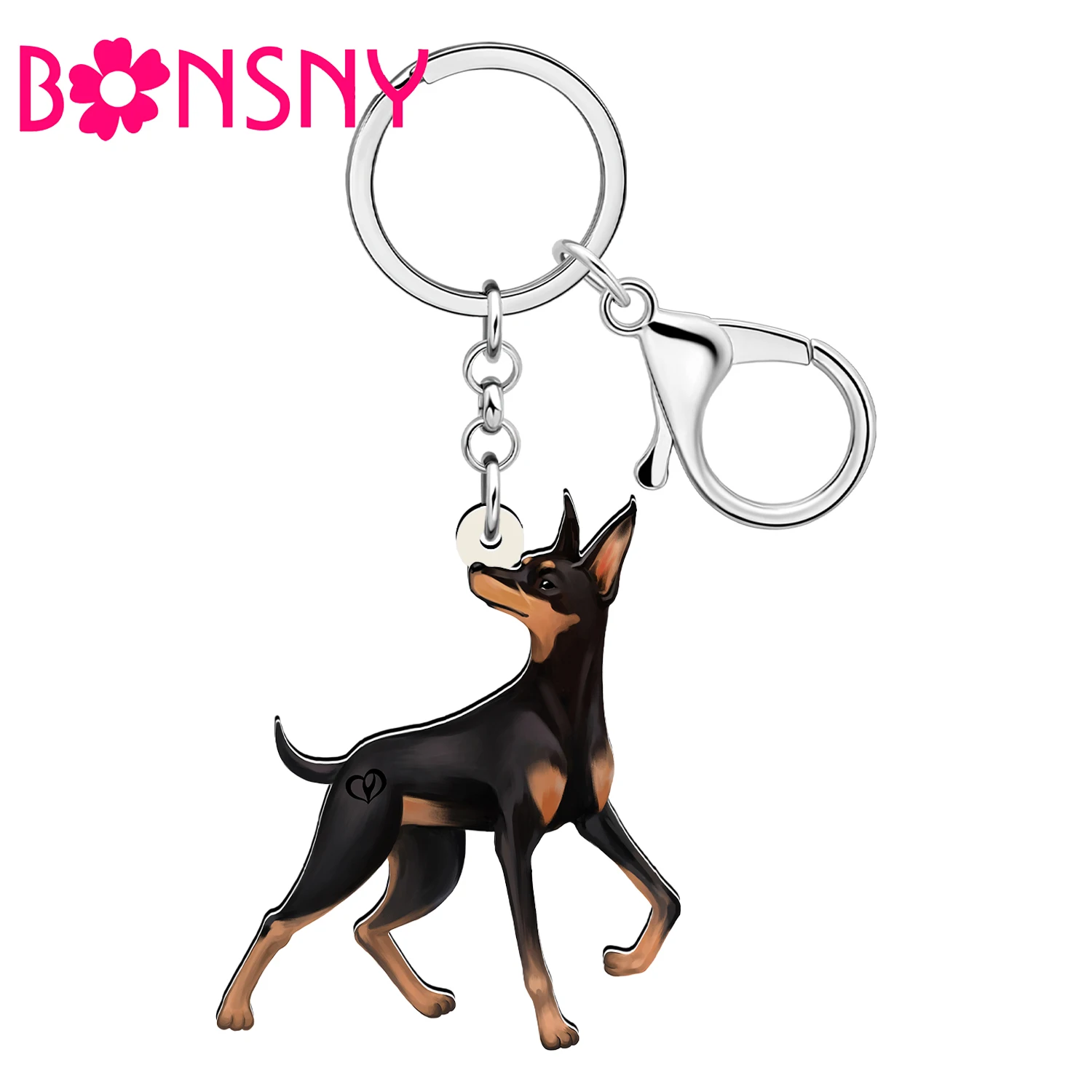 BONSNY Acrylic Novelty Black Dobermann Dog Backpack Car Keychains For Women Kid Charm Pets Puppy Key Ring Gifts