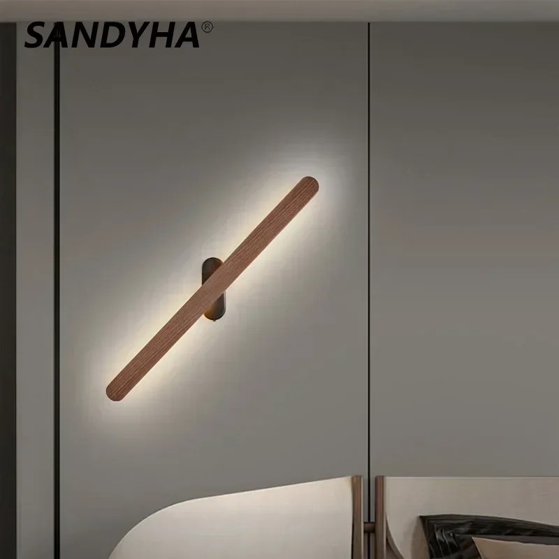 

SANDYHA Modern Black Walnut Wall Lamps Long Staircase Corridor Wand Lampen Living Room Bedroom Bedside Home Decor Light Lampara