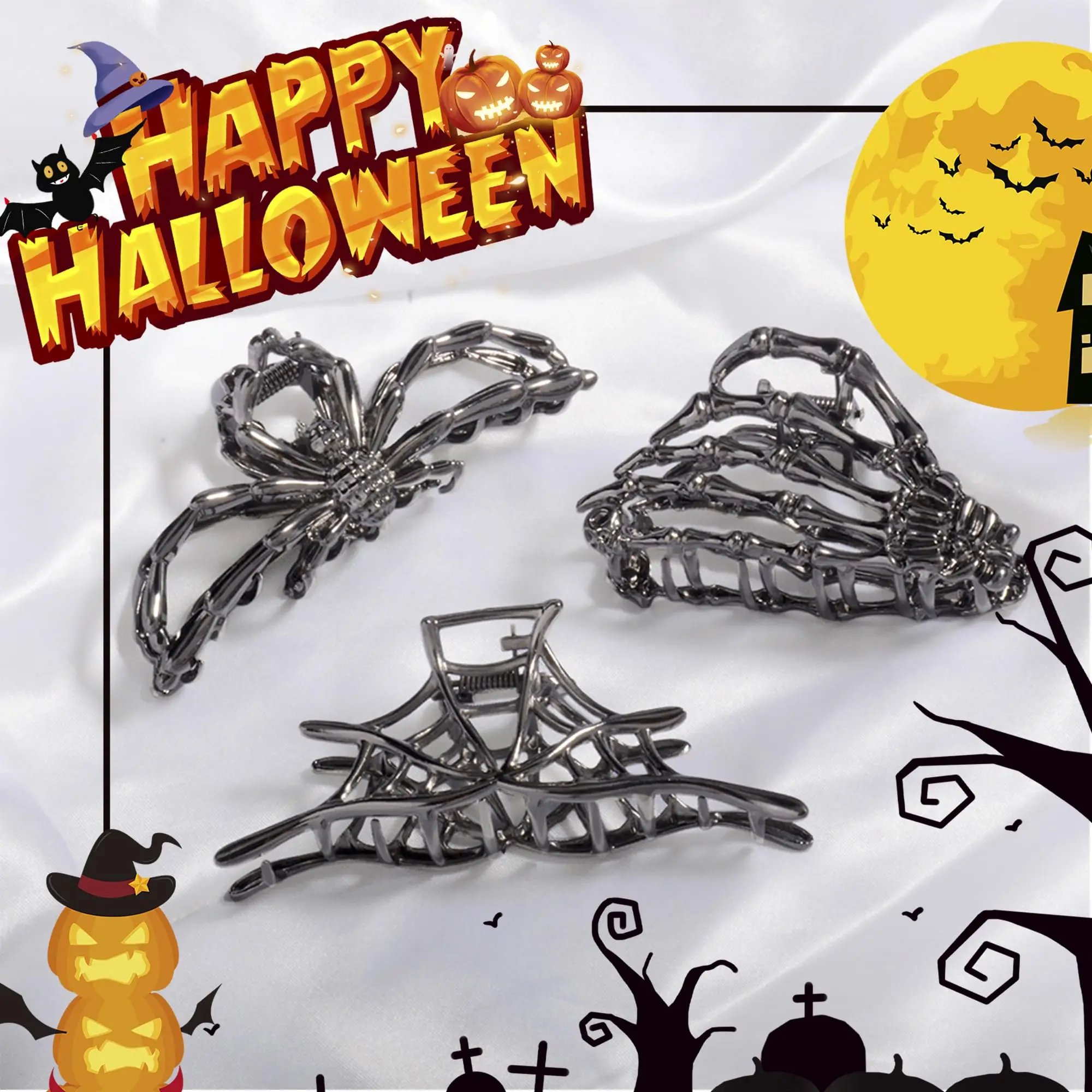 Spinnennetz-Schädel-Haarspange für Frauen und Mädchen, Skelett-Hand-Haarnadel, Punk-Haarschmuck im Metall-Stil als Party- und Cosplay-Geschenk – Detail 4