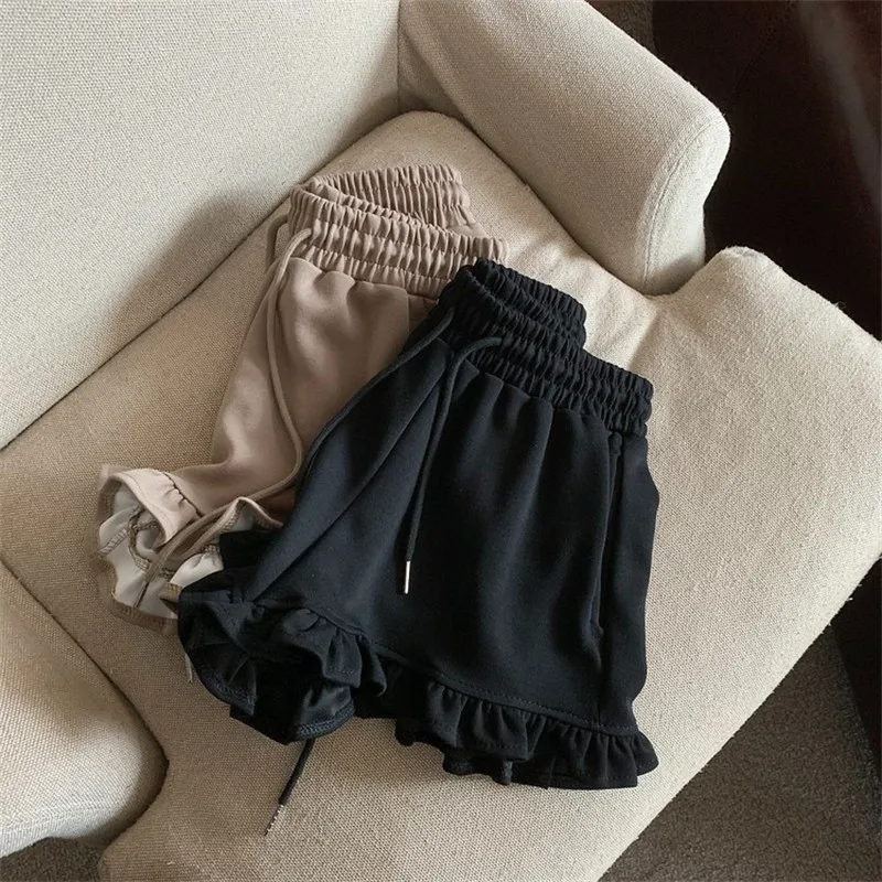 Summer Wood Ear Edge High Waisted Casual Wide Leg Drawstring Sports Shorts For Women