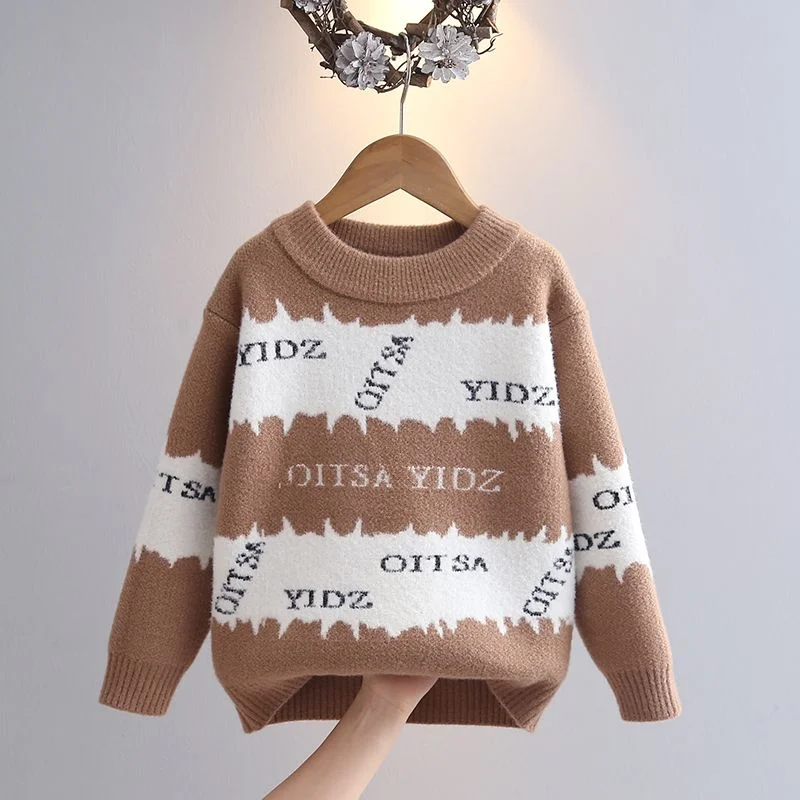 Boys Woolen Sweater Crochet Cotton Windbreak 2024 Scoop Plus Thicken Autumn Winter Outwear Christmas Warm Children's Clothing