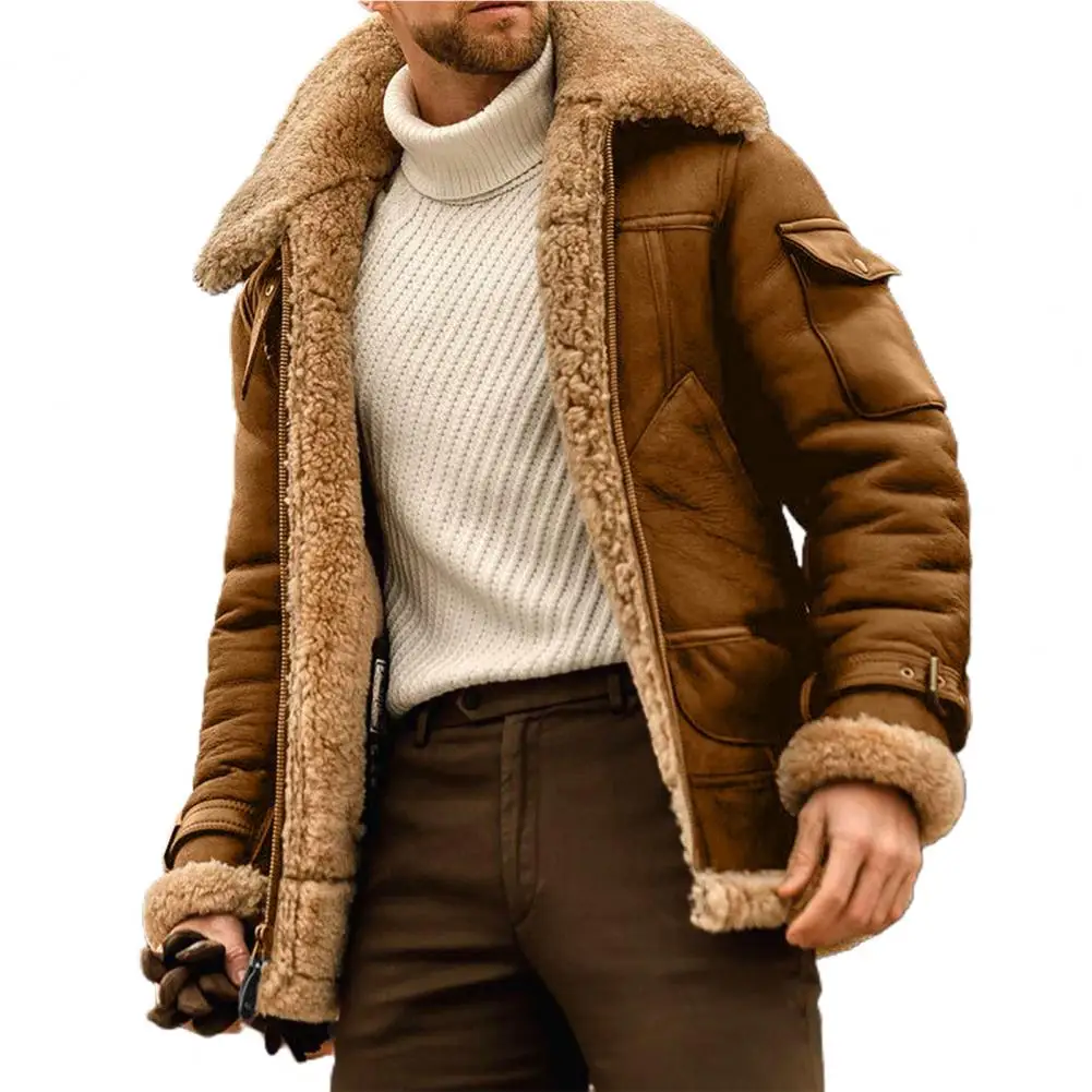 

Men Plus Size Winter Coat Lapel Collar Long Sleeve Padded Leather Jacket Vintage Thicken Coat Sheepskin Jacket with Hood for Men