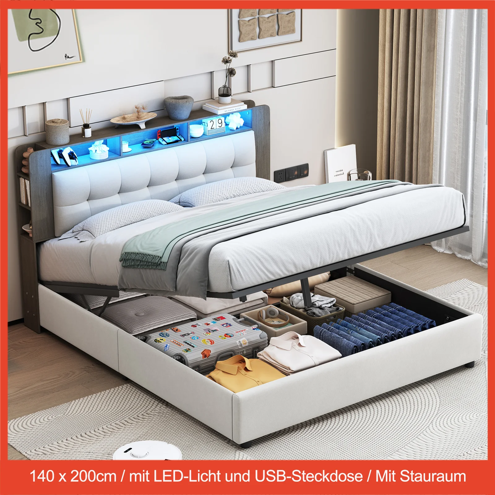 Upholstered Bed with LED Light and USB Socket,Double Bed 140 x 200cm With Storage Space and Storage Headboard,Without mattress