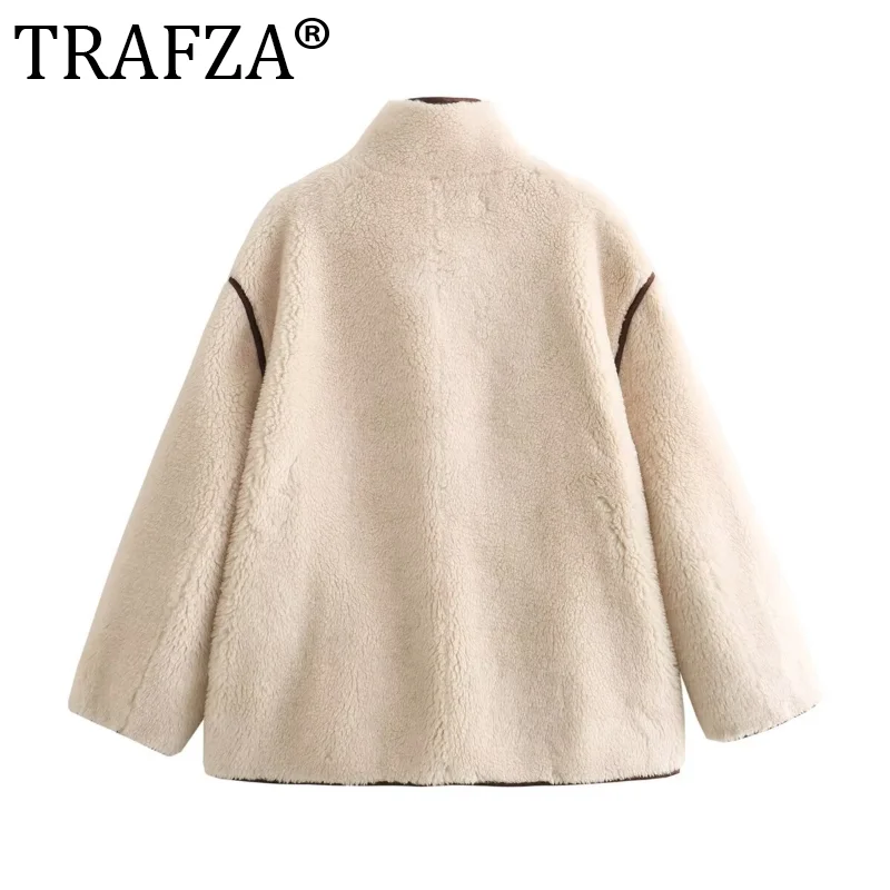 TRAFZA Y2K Turtleneck Fleece Woman Top Coats Female 2024 Thick Warm Loose New Outerwear Ladies Beige Long Sleeve Casual Jackets