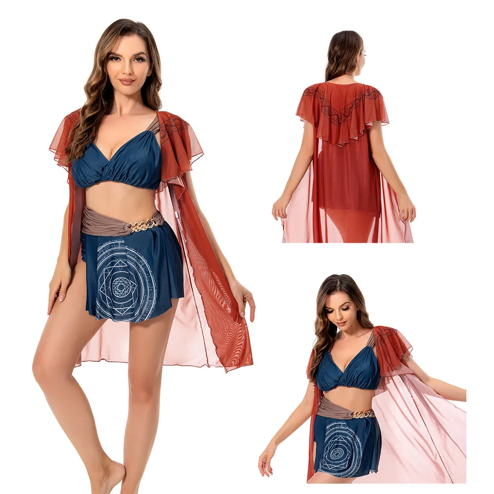 Traje de baño de Halloween para mujer, traje de baño con capa Sexy, conjunto de Bikini rojo y azul para verano