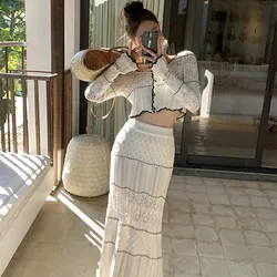 Fashion Autumn Knitting Cardigan Suits New Women V Neck Hollow Out Striped Short Sweater Coat +Long Pleated Skirts Two Piece Set