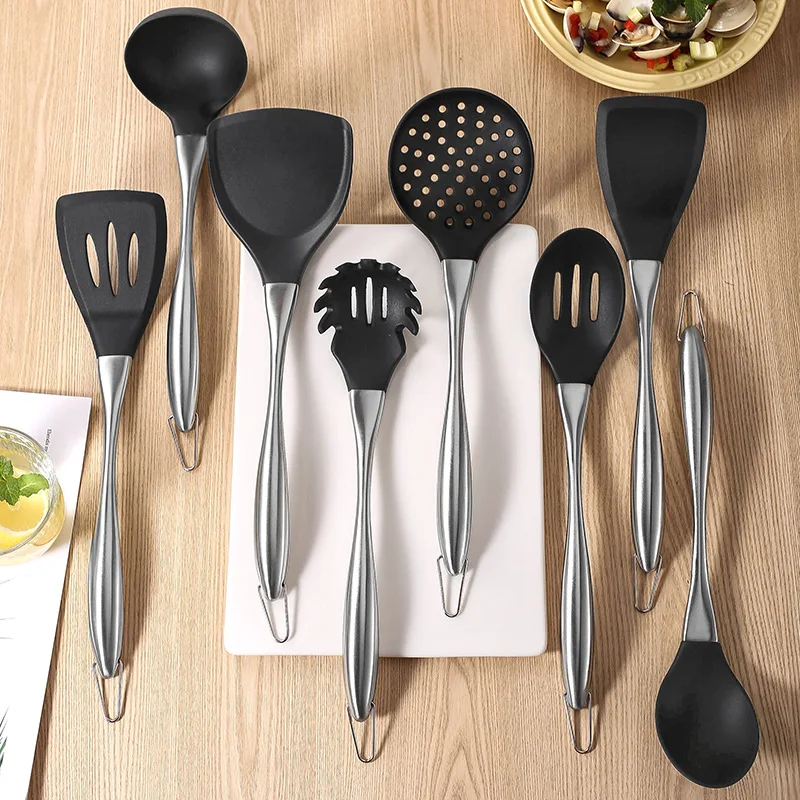 Silicone Cooking Utensils Set with Stainless Steel Handle Non-Stick Spatula Colander Pasta Soup Spoon Frying Shovel Kitchenware