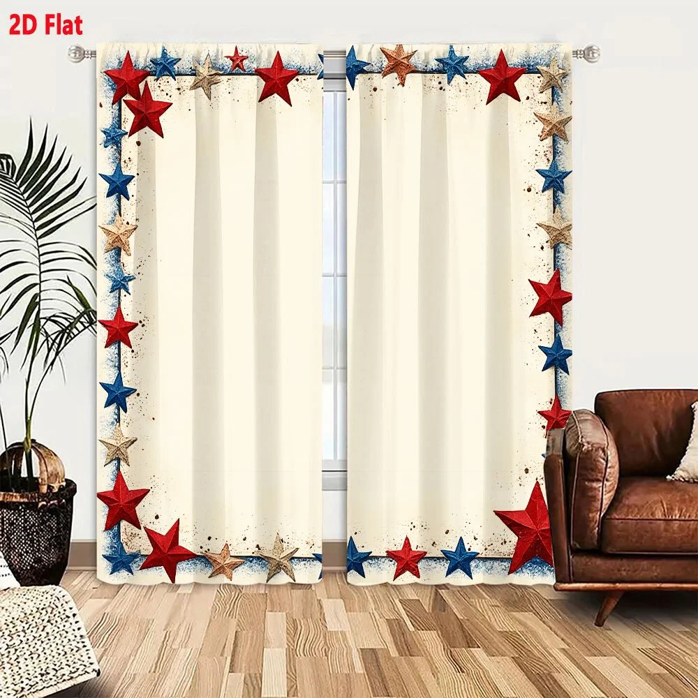 2Pcs Curtains Add 2D Flat Decorative Square Frame With Red Blue And Gold Stars On Textured Off White Background Window Drapes fo