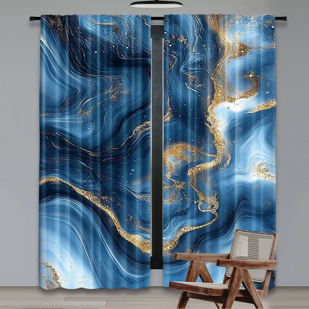 2Pcs Modern Simplistic Curtain Abstract Marble Luxury Art Beautiful Blue And Gold Decorative Window Drapes A