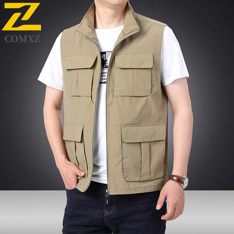 2025 New Multi-pocket Vest Men's Fashion Casual Mesh Lined Breathable Sleeveless Work Vest Hiking Fishing Solid Color Waistcoat
