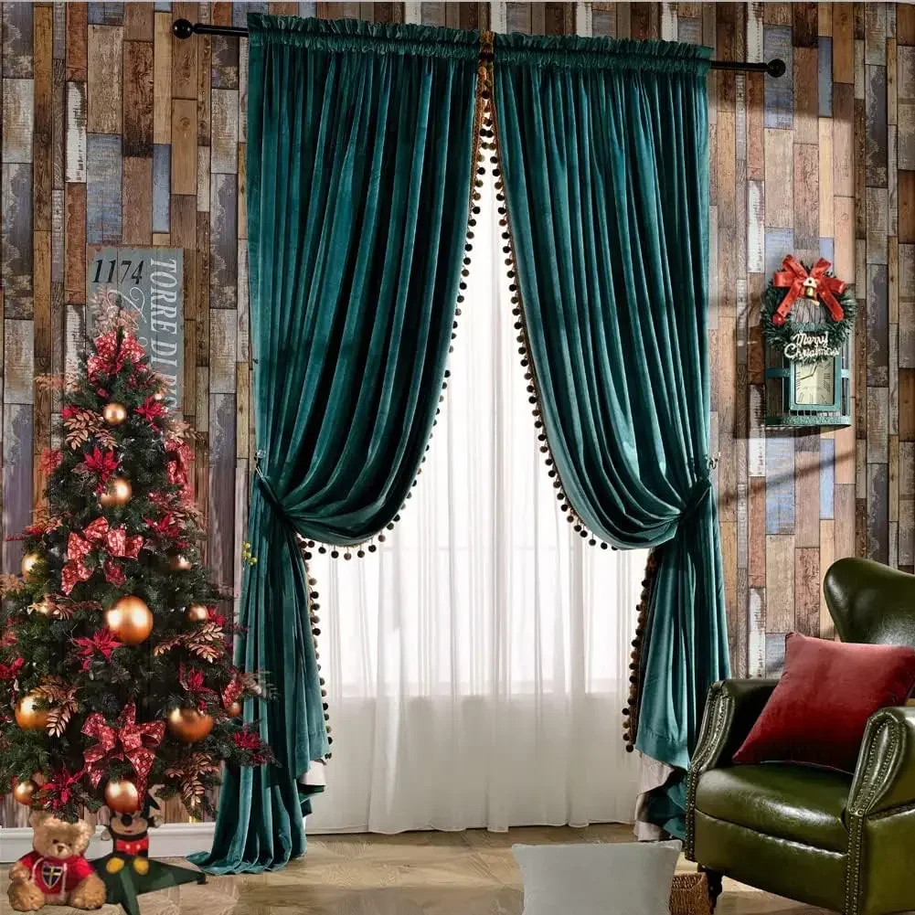 

Pom Poms Velvet Blackout Curtains for Bedroom Living Room, Vintage Luxury Thermal Insulated Rod Pocket Lined Drapes