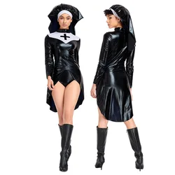 Halloween Suit Nun Costume Cosplay Costumes PU Leather Punk Cross Ladies Bodysuit Novelty Clothing Gift Party Show Girl Skirt