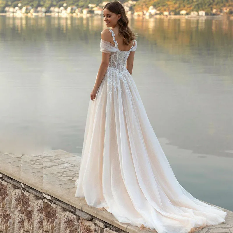 Prisness – robe de mariée de princesse, tenue de plage, avec des Appliques en dentelle, bretelles Spaghetti, Corset à épaules dénudées, sur mesure