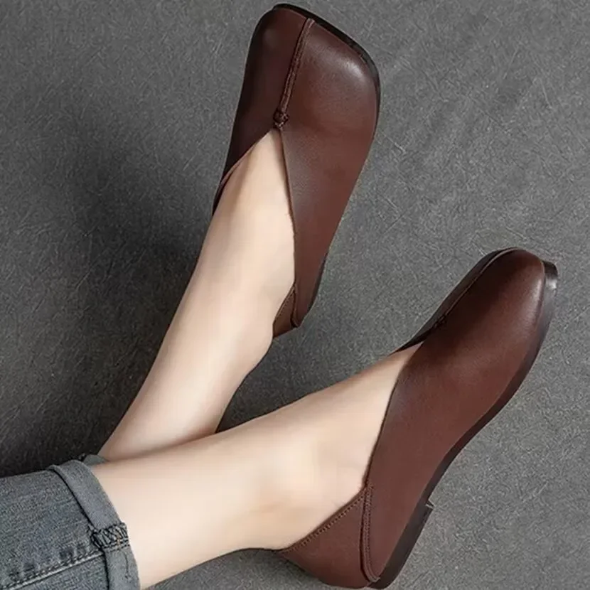 

2024 New Women's Flat Shoes Square Toe Genuine Leather Soft Sole Comfortable Pumps Fashion Casual French Slip-on Sewn Loafers