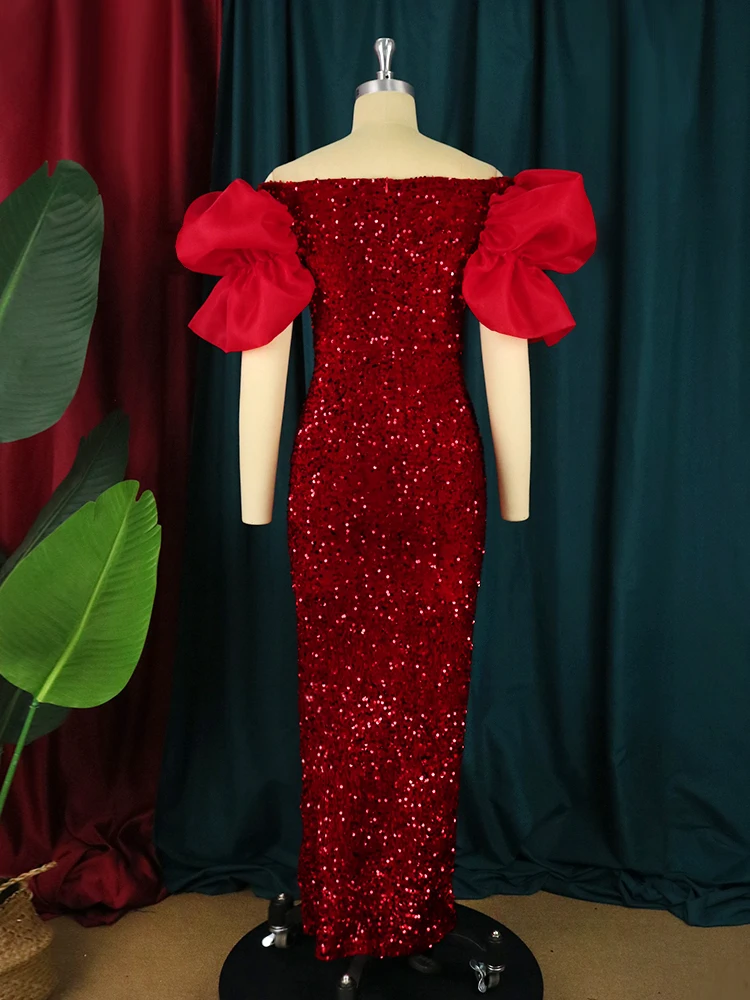 Red Sequins Dresses Cold Shoulder Velvet Short Flare Sleeve Luxury Evening Party Gowns High Slit Cocktail Event Outfits for Lady