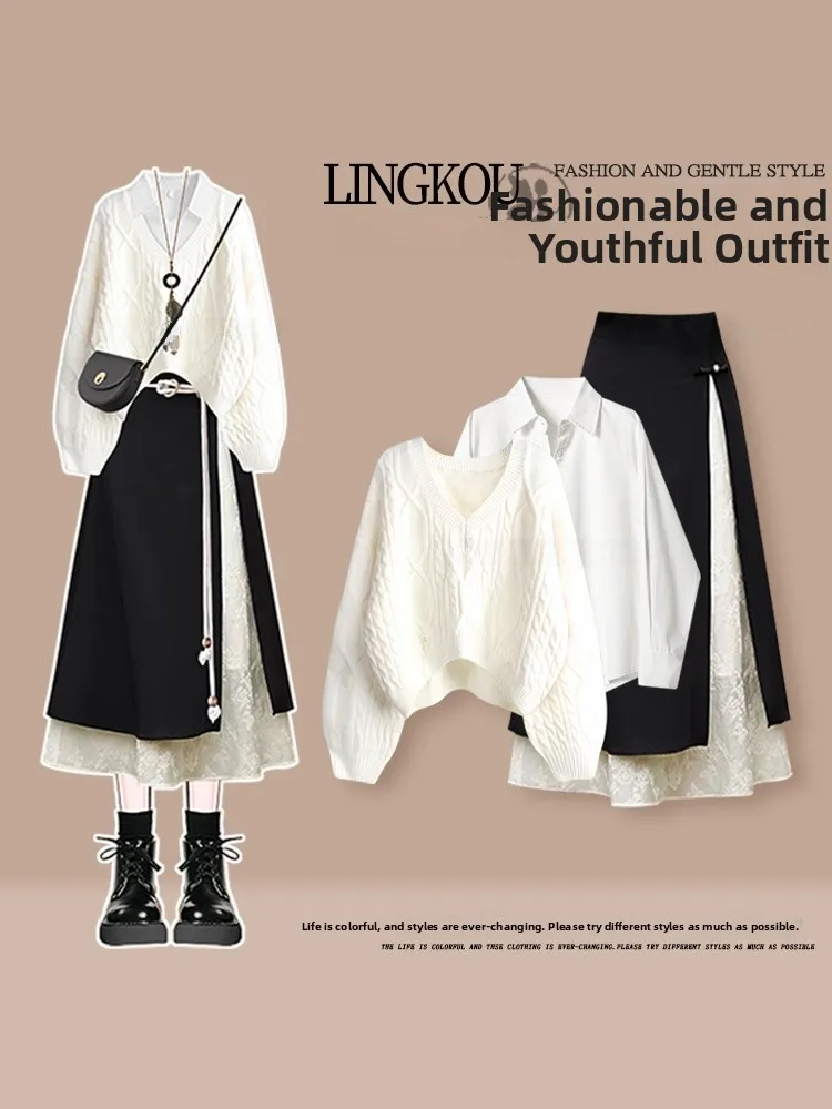 

Осенний повседневный вязаный свитер большого размера с V-Ne Base irt и юбкой с высокой талией, комплект из футболок для женщин, антивозрастной