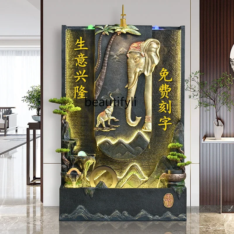 

South East Asia Elephant Water Curtain Wall Flowing Water Screen Lucky Ornament Fountain Feng Shui Wheel Hotel