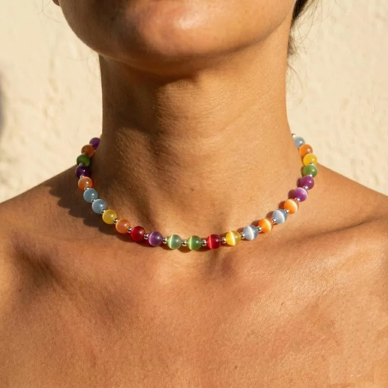 Edelstein-Perlenkette für Frauen, Sonnenlicht-Farbwechselnde Halskette, Naturstein Surfer Strand Photochromatische Choker-Schmuck Geschenk