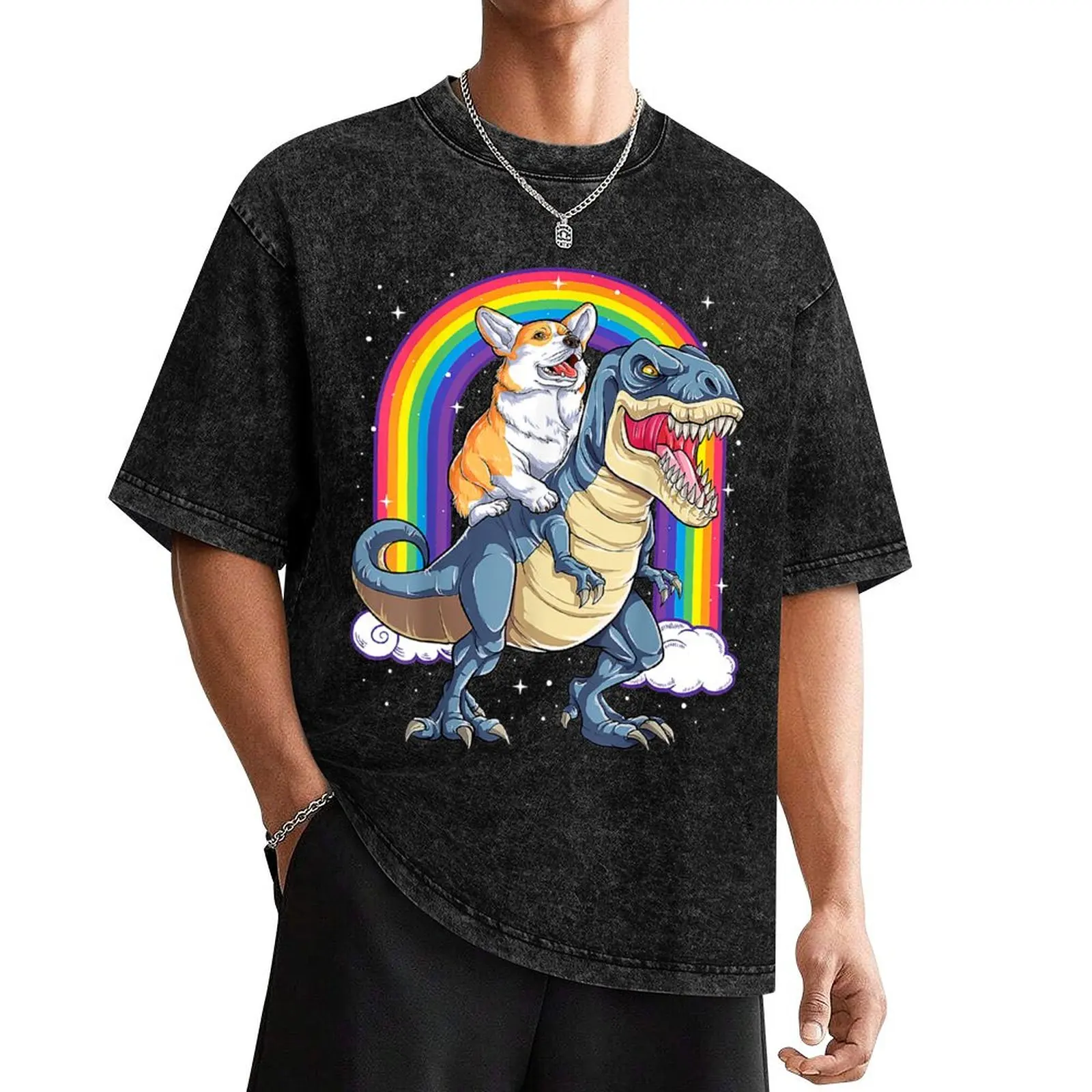 

Corgi Riding Dinosaur Funny Space Galaxy Rainbow T-Shirt valentines clothes oversized mens t shirts top quality